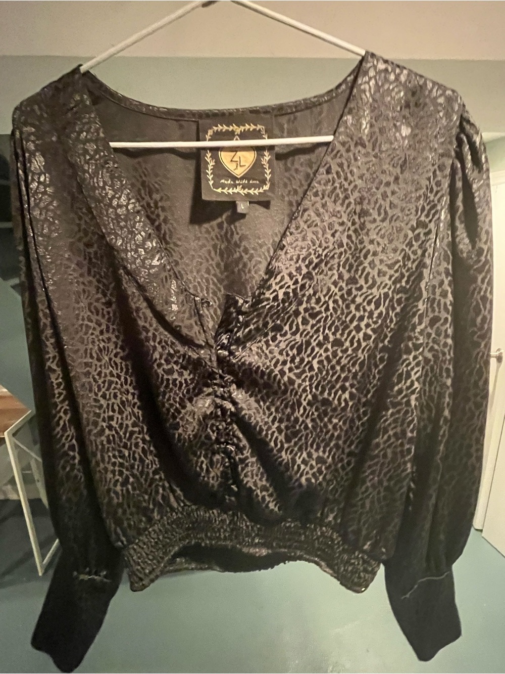 Z&l  Black Seely Animal Print Ruched Satin Blouse Shirt Top Long Sleeve Sz L